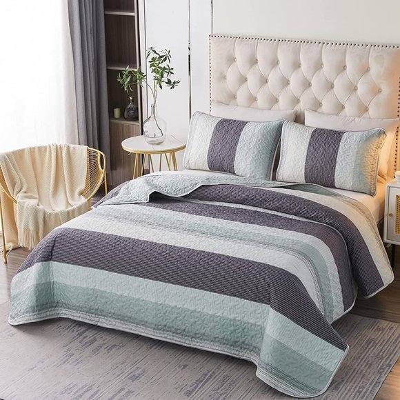 New 3 Pieces Blue Striped Alternative  Quilted Bedding Set,1 Quilt + 2 P… - Picture 2 of 12